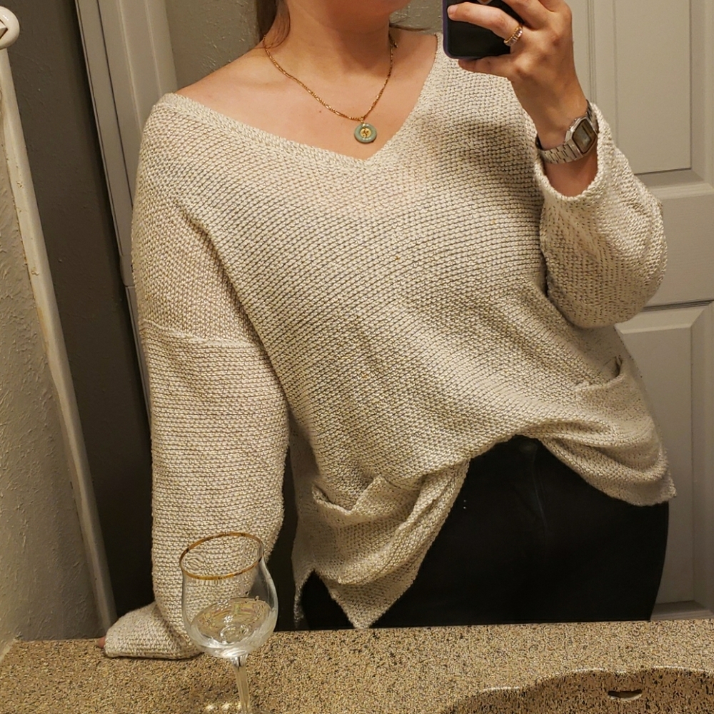 White Knit Oversized Sweater Deep V-neck